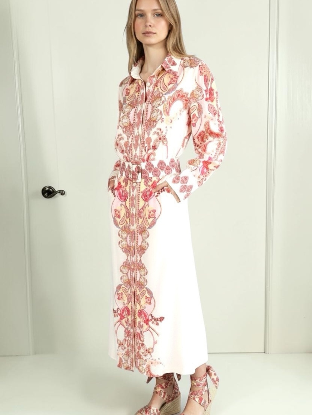 Wayward Fancies by eShakti Pink Paisley Maxi Shirt Dress - Fits Large / XL